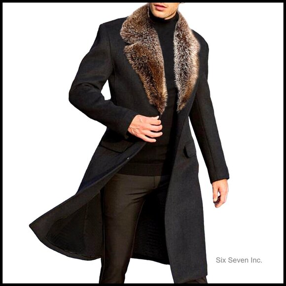 Men's Winter Pea Coat with Removable Faux Fur Collar Wool Blend Long
